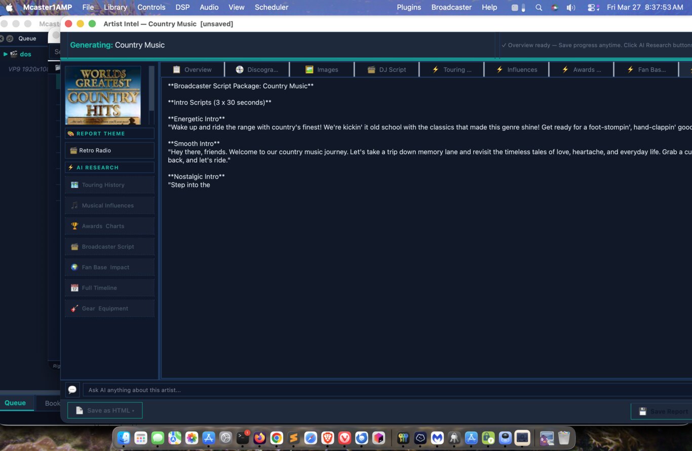 AI-generated broadcaster script for the current track
